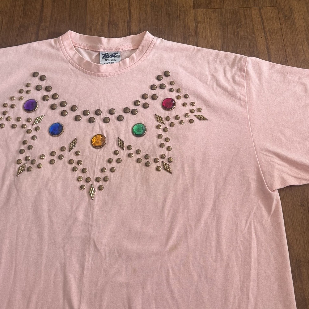 Vtg 80's Art Deco Embellished T Shirt Pink Jewels Gold Studs Rhinestone USA